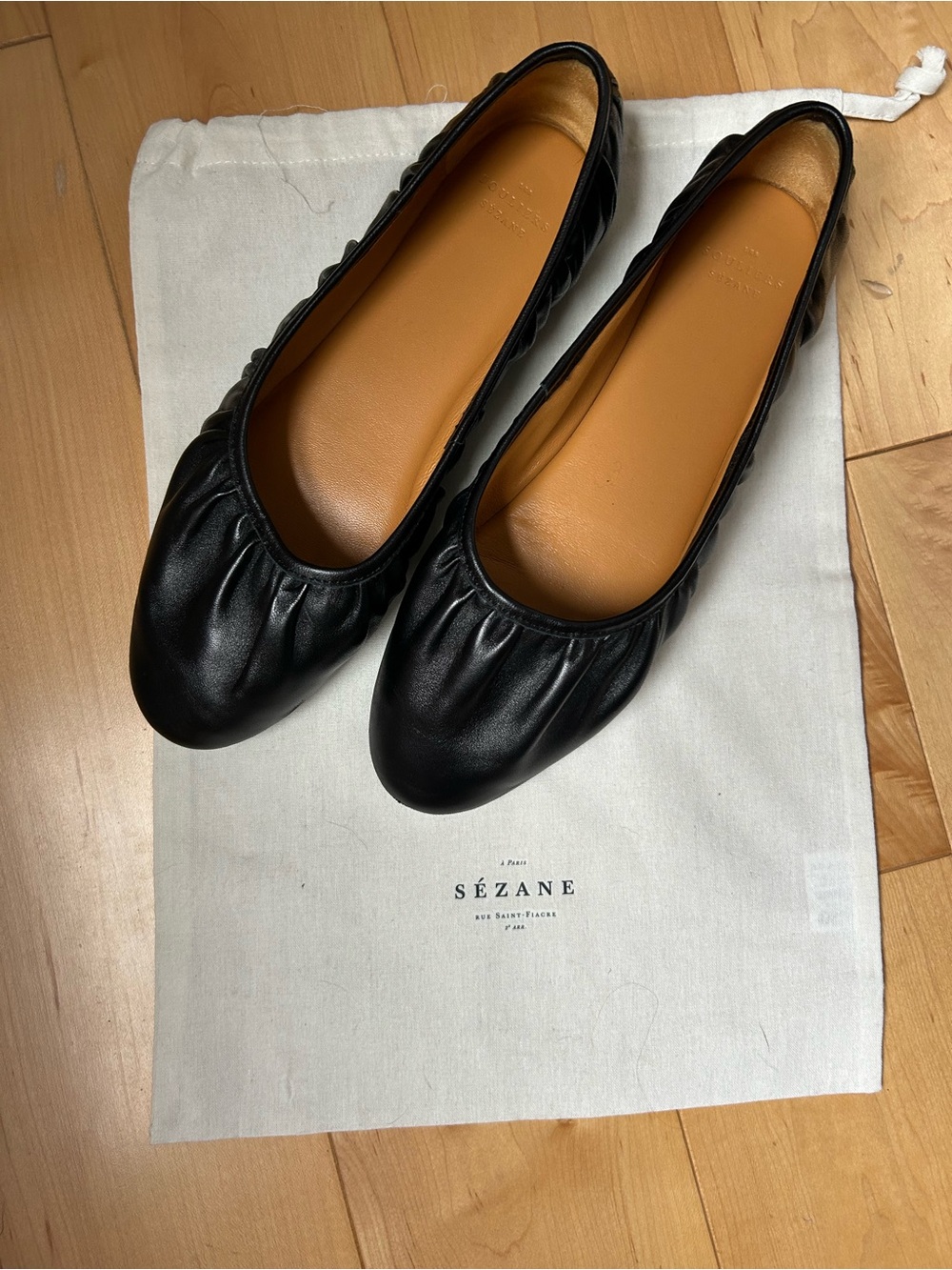 Sezane Black Leather Ballet Flats